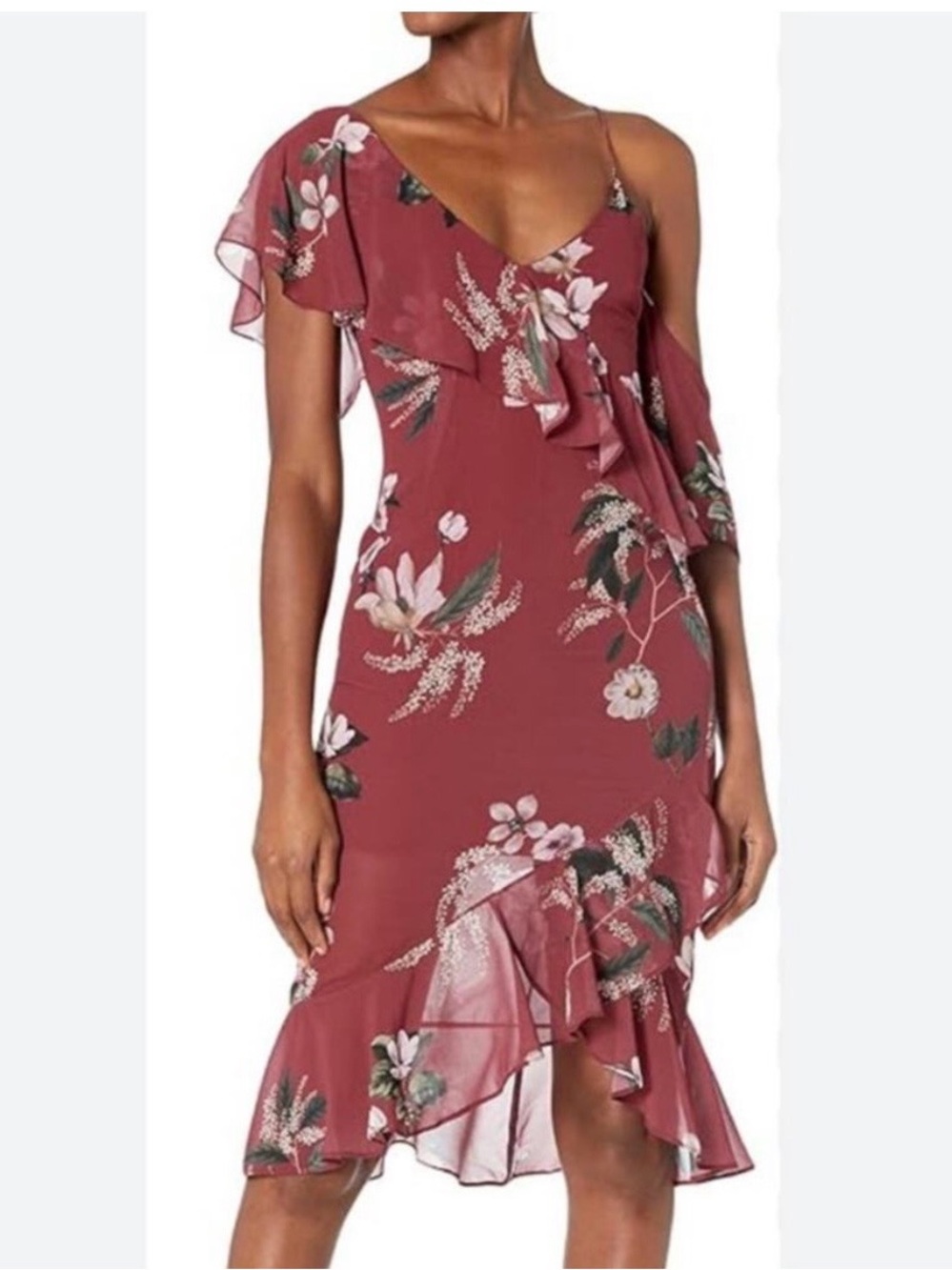 KEEPSAKE the Label Dusty Rose Floral Ruffle Midi Dress with Spaghetti Straps